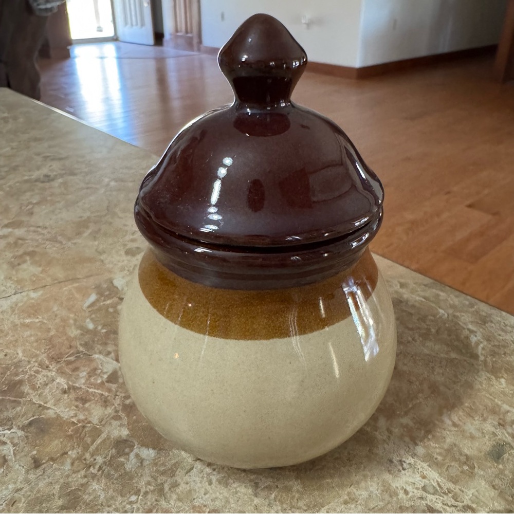 Vintage Brown & Tan Pottery Sugar Jar & Lid 5” Tall Multi-Use USA Stoneware